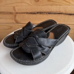 Born Folly Slip On Black Leather Wedge Sandals Y2K Style Chunky Woven 9US/39EU